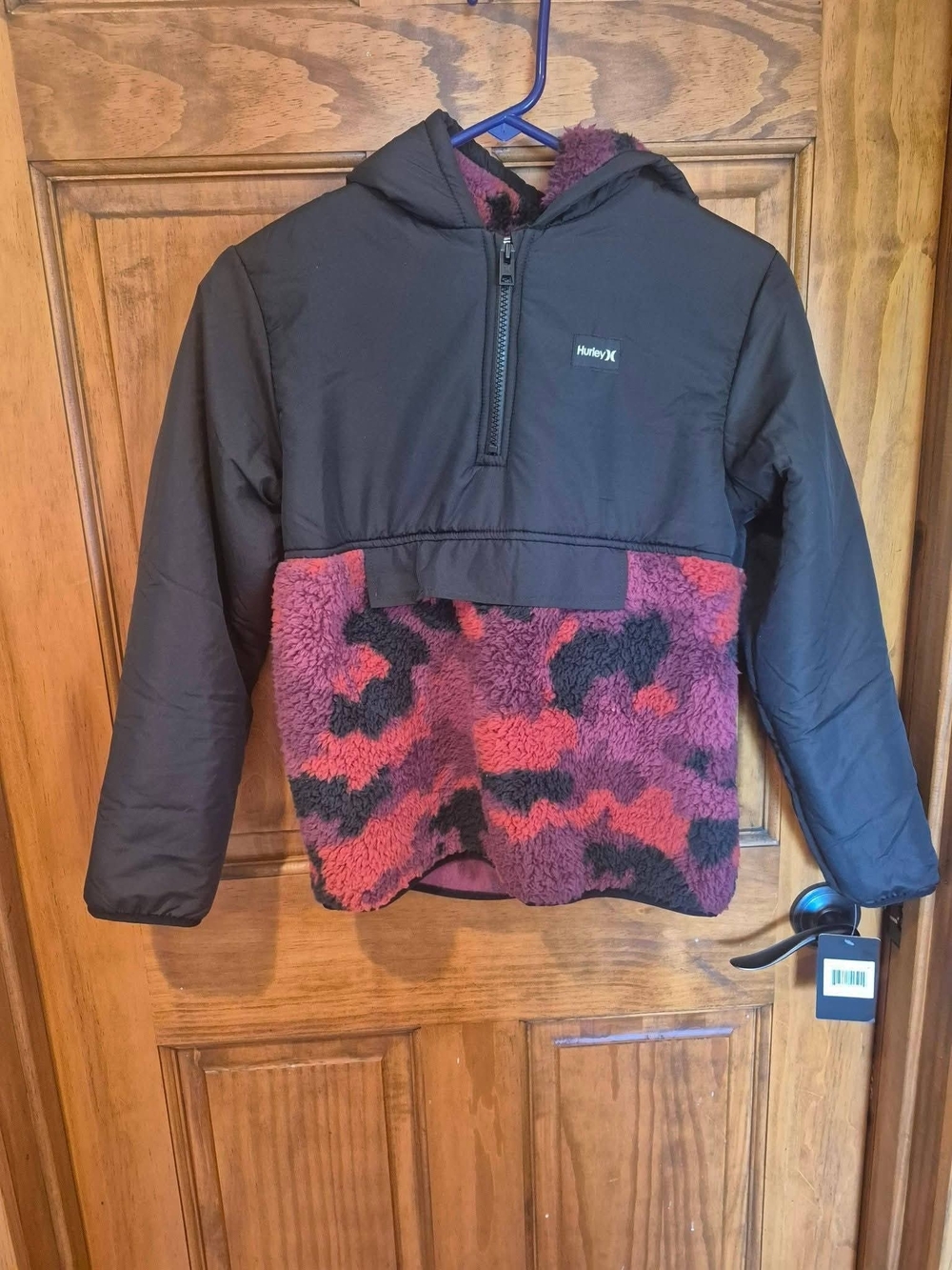 Hurley Kids Black Hooded Pullover with Red and Purple Sherpa